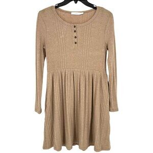 Lush Ribbed Henley A-Line Long Sleeve Dress Beige Irish Cream Size XS NWOT